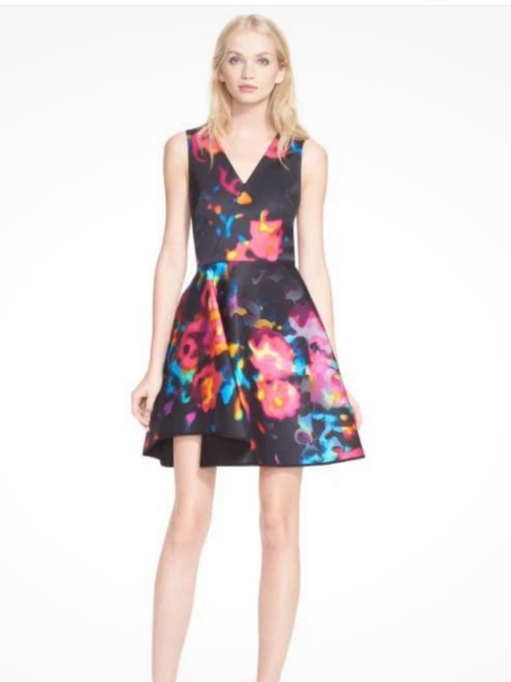 Milly Black V-Neck Mini Dress with Neon Pink, Blue & Yellow Floral Print